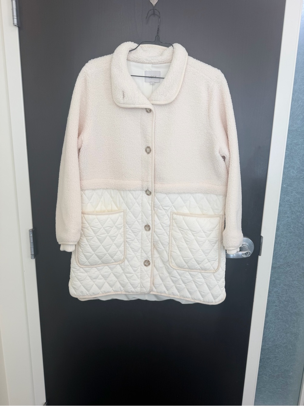 LOFT Sherpa & Quilted Jacket in Cream Large New Button Front